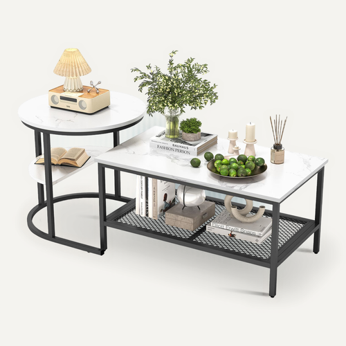 Ensemble De Deux Tables Basses Gigognes Avec Imprimé Marbre Blanc Et Cadre En Métal Noir