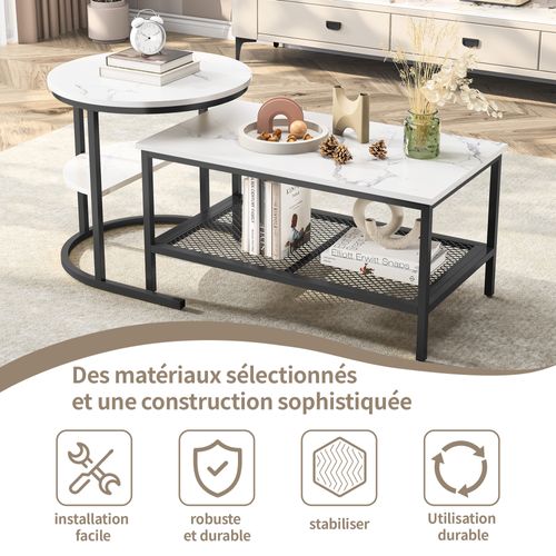 Ensemble De Deux Tables Basses Gigognes Avec Imprimé Marbre Blanc Et Cadre En Métal Noir