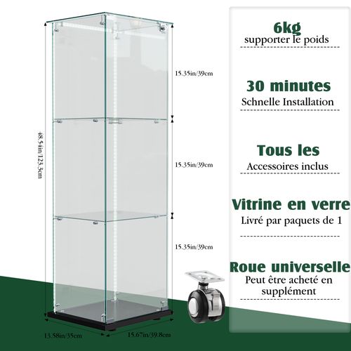 Vitrine En Verre Avec Bande Lumineuse LED, Avec 3 Étagères Et Portes, 123x40x35 Cm, Noir