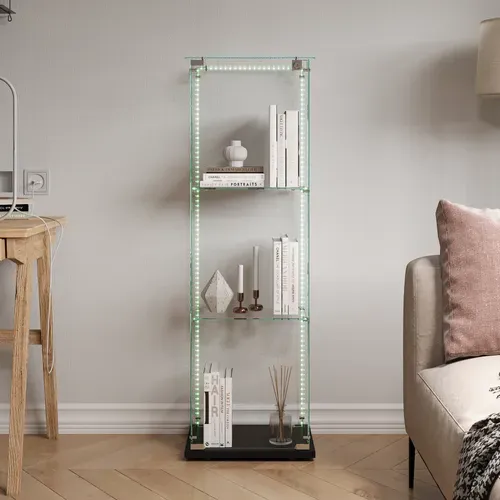 Vitrine En Verre Avec Bande Lumineuse LED, Avec 3 Étagères Et Portes, 123x40x35 Cm, Noir