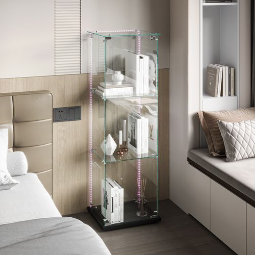 Vitrine En Verre Avec Bande Lumineuse LED, Avec 3 Étagères Et Portes, 123x40x35 Cm, Noir