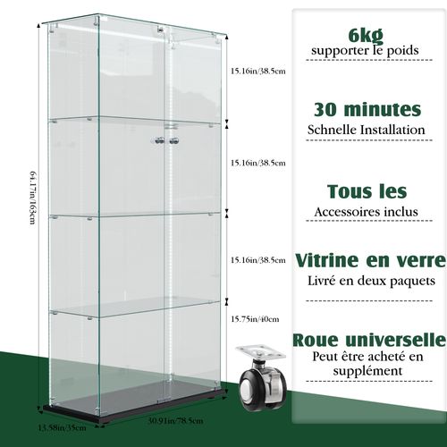 Vitrine En Verre Avec Bande Lumineuse LED, 163x78,5x35cm, Avec 2 Portes Et Serrure