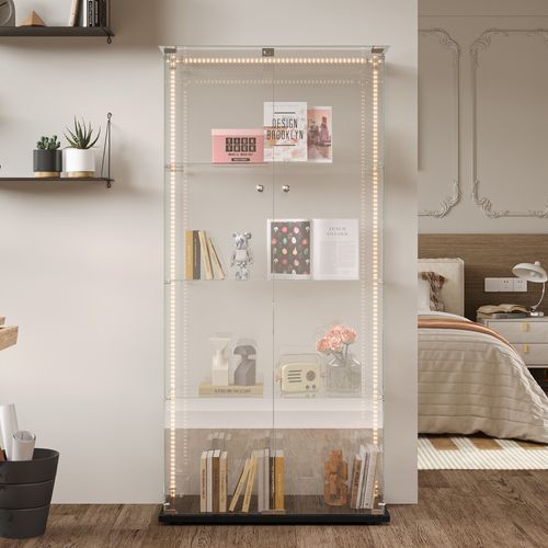 Vitrine En Verre Avec Bande Lumineuse LED, 163x78,5x35cm, Avec 2 Portes Et Serrure