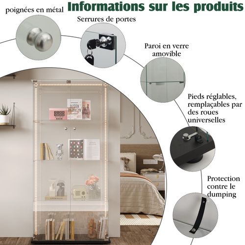 Vitrine En Verre Avec Bande Lumineuse LED, 163x78,5x35cm, Avec 2 Portes Et Serrure