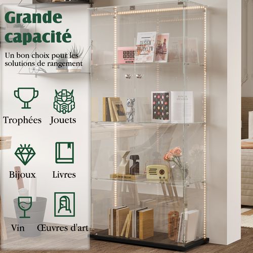 Vitrine En Verre Avec Bande Lumineuse LED, 163x78,5x35cm, Avec 2 Portes Et Serrure