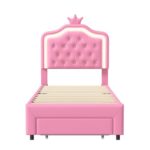 Cadre De Lit Crown 90 X 200 Cm Avec Éclairage LED Et Tête De Lit Réglable, Avec Tiroirs,rose