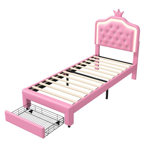 Cadre De Lit Crown 90 X 200 Cm Avec Éclairage LED Et Tête De Lit Réglable, Avec Tiroirs,rose