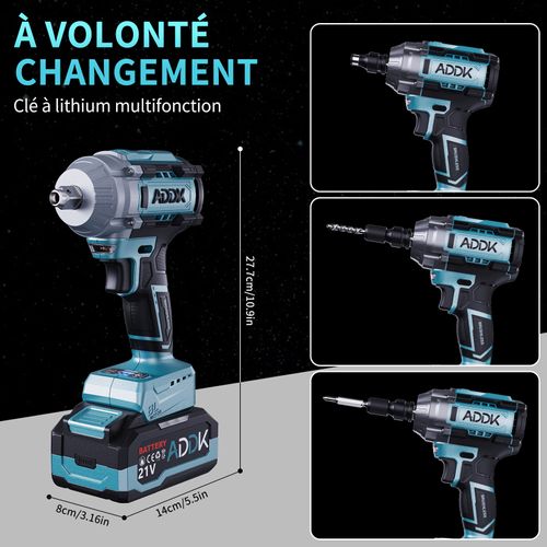 Clé à Chocs Électrique Avec Batterie 4 Ah 21 V, Clé à Chocs Électrique 1/2" Avec 4 Douilles à Chocs