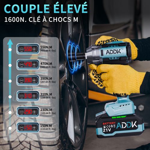 Clé à Chocs Électrique Avec Batterie 4 Ah 21 V, Clé à Chocs Électrique 1/2" Avec 4 Douilles à Chocs
