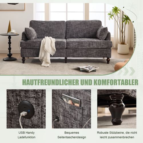 Canapé 2 Places Moderne - Pieds Bois, Éclairage LED, Gris