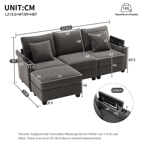 Canapé Modulaire 5-en-1 - 3 Places, Pouf, USB - Solution Confort Technologique Gris