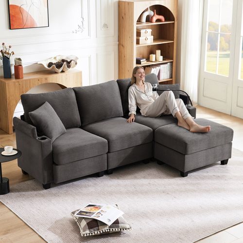 Canapé Modulaire 5-en-1 - 3 Places, Pouf, USB - Solution Confort Technologique Gris