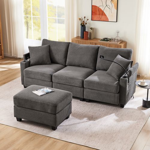 Canapé Modulaire 5-en-1 - 3 Places, Pouf, USB - Solution Confort Technologique Gris