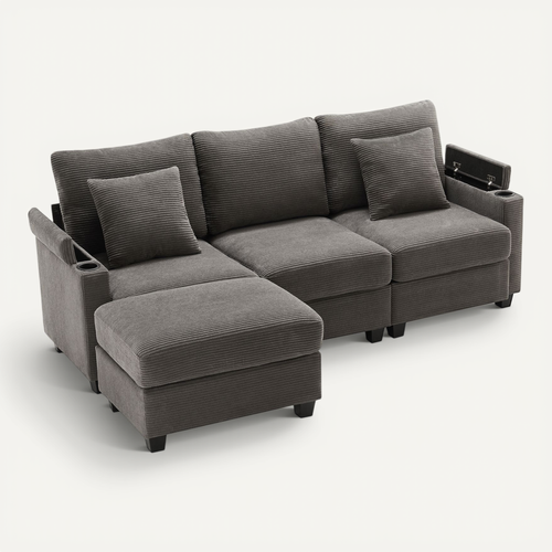Canapé Modulaire 5-en-1 - 3 Places, Pouf, USB - Solution Confort Technologique Gris