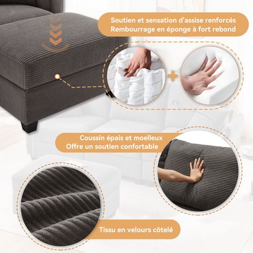 Canapé Modulaire 5-en-1 - 3 Places, Pouf, USB - Solution Confort Technologique Gris