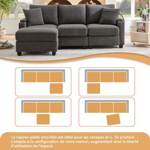 Canapé Modulaire 5-en-1 - 3 Places, Pouf, USB - Solution Confort Technologique Gris