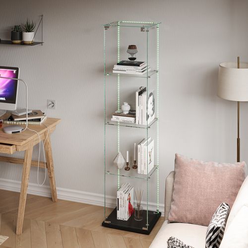 Vitrine LED En Verre Avec 4 Étagères En Verre, 1 Porte Et Serrure, 39,8 X 35 X 163 Cm, Noir