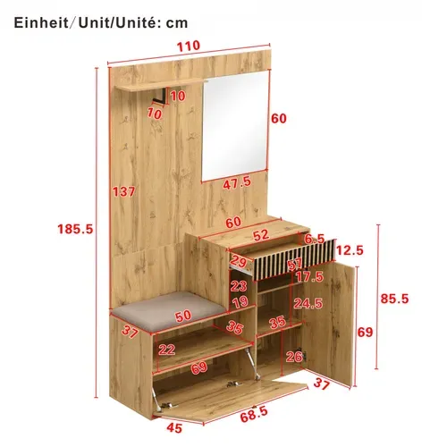 Meuble D'entrée Multifonction 110 Cm - Miroir, Coussin, Rangement Intégré - Brun