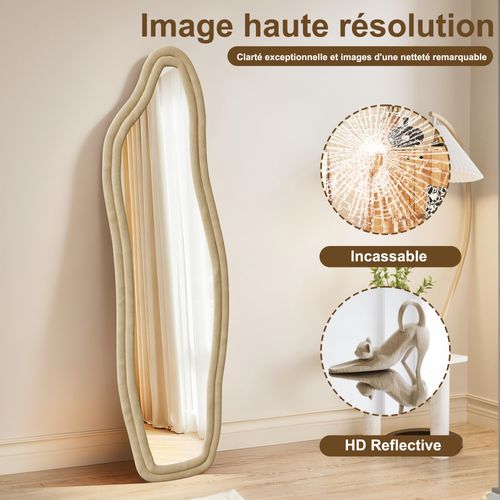 Miroir Sur Pied Rembourré Au Design Ondulé - 160 X 50 Cm - Cadre En Velours - Doré
