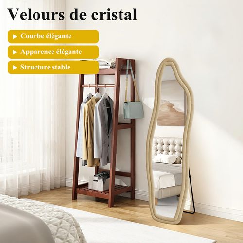 Miroir Sur Pied Rembourré Au Design Ondulé - 160 X 50 Cm - Cadre En Velours - Doré