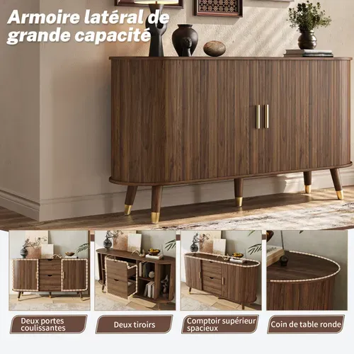 Buffet - Meuble Salon Avec 2 Portes Coulissantes Cannelées Et 2 Tiroirs - Noyer