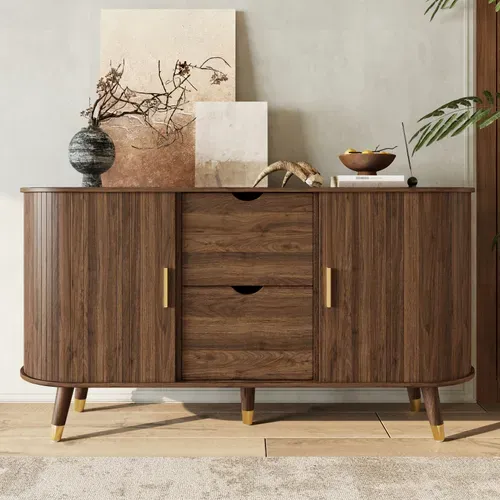 Buffet - Meuble Salon Avec 2 Portes Coulissantes Cannelées Et 2 Tiroirs - Noyer