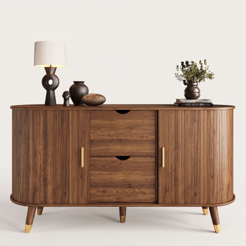 Buffet - Meuble Salon Avec 2 Portes Coulissantes Cannelées Et 2 Tiroirs - Noyer