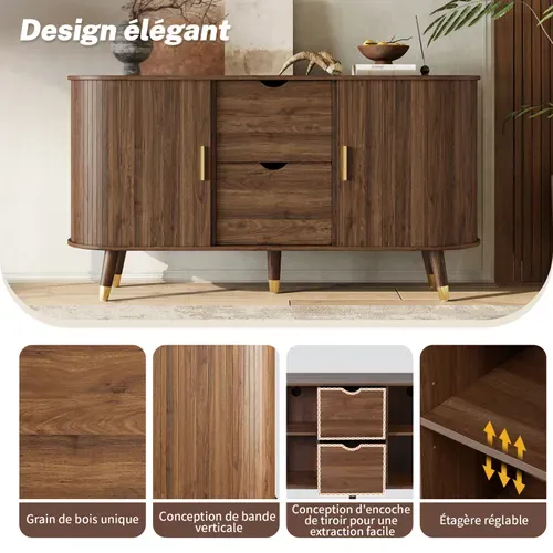 Buffet - Meuble Salon Avec 2 Portes Coulissantes Cannelées Et 2 Tiroirs - Noyer