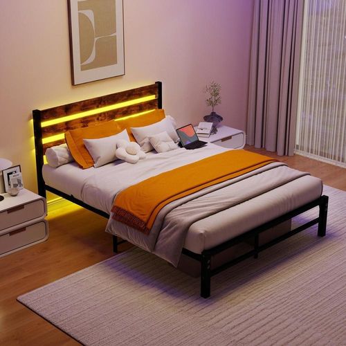 Lit Double 140x200 Cm, Cadre De Lit En Métal Avec LED, Ports USB, Rangement Sous Lit, Marron