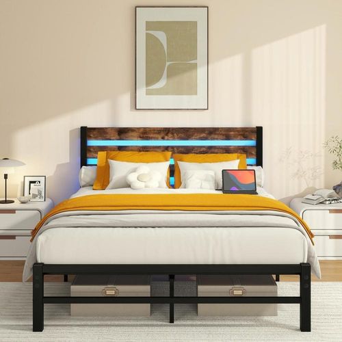 Lit Double 140x200 Cm, Cadre De Lit En Métal Avec LED, Ports USB, Rangement Sous Lit, Marron