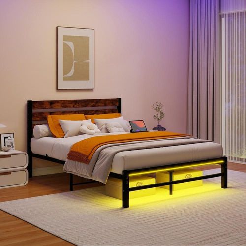 Lit Double 140x200 Cm, Cadre De Lit En Métal Avec LED, Ports USB, Rangement Sous Lit, Marron