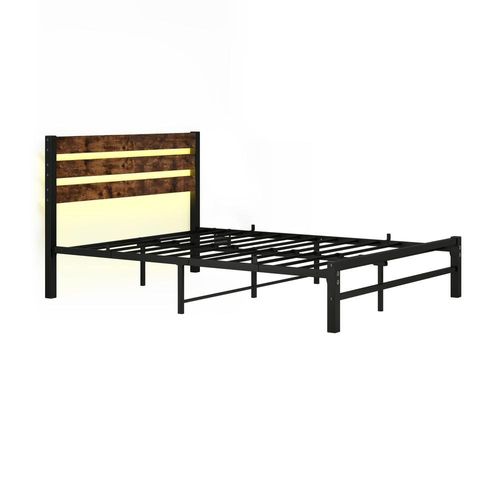 Lit Double 140x200 Cm, Cadre De Lit En Métal Avec LED, Ports USB, Rangement Sous Lit, Marron