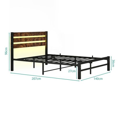 Lit Double 140x200 Cm, Cadre De Lit En Métal Avec LED, Ports USB, Rangement Sous Lit, Marron