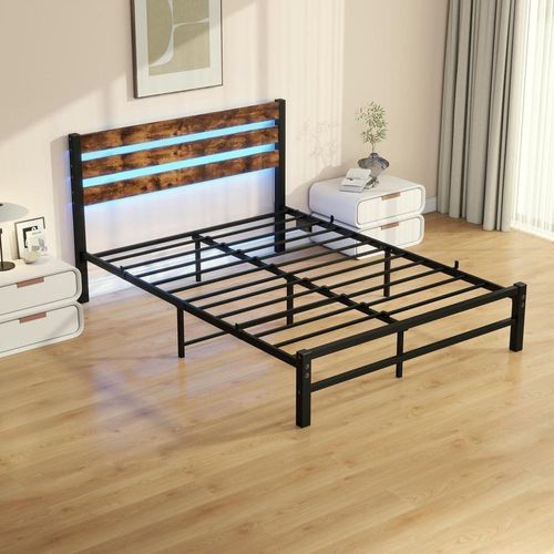 Lit Double 140x200 Cm, Cadre De Lit En Métal Avec LED, Ports USB, Rangement Sous Lit, Marron