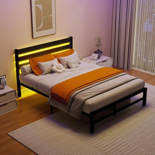 Lit Double 140x200 Cm, Cadre De Lit En Métal Avec LED, Ports USB, Rangement Sous Lit, Noir