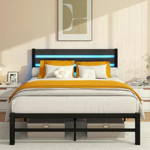 Lit Double 140x200 Cm, Cadre De Lit En Métal Avec LED, Ports USB, Rangement Sous Lit, Noir
