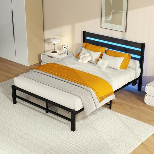 Lit Double 140x200 Cm, Cadre De Lit En Métal Avec LED, Ports USB, Rangement Sous Lit, Noir