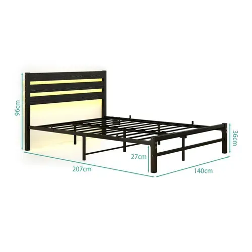 Lit Double 140x200 Cm, Cadre De Lit En Métal Avec LED, Ports USB, Rangement Sous Lit, Noir