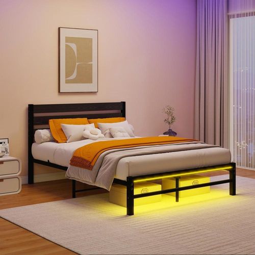 Lit Double 140x200 Cm, Cadre De Lit En Métal Avec LED, Ports USB, Rangement Sous Lit, Noir