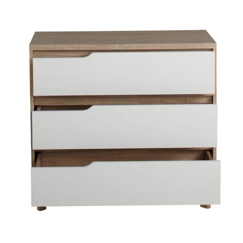 Commode 3 tiroirs Nordic imitation chêne et blanc vue détaillée