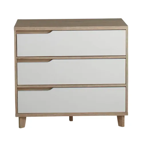 Commode 3 tiroirs Nordic imitation chêne et blanc vue de face