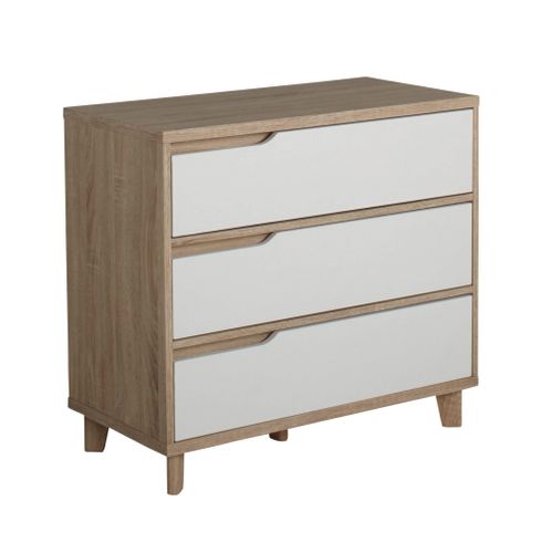 Commode 3 tiroirs Nordic imitation chêne et blanc vue 3/4