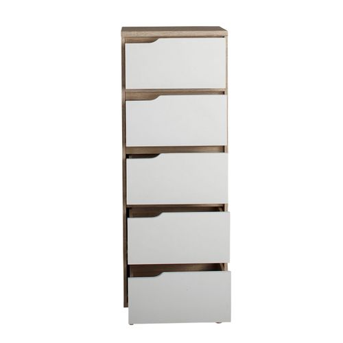 Chiffonnier 5 tiroirs Nordic imitation chêne et blanc vue détaillée
