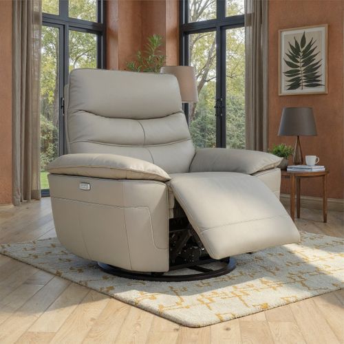 Fauteuil relax électrique EVOGG cuir et croûte taupe et gris vue d'ambiance 1