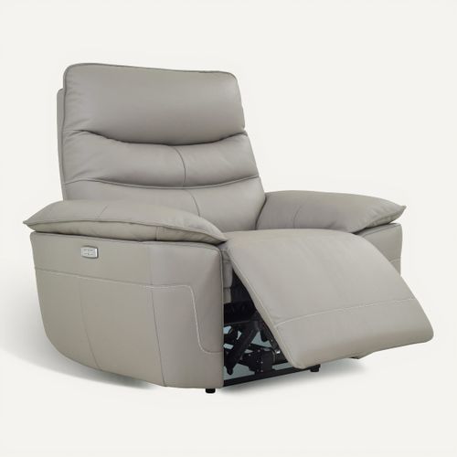 Fauteuil relax électrique EVOGG cuir et croûte taupe et gris vue 3/4