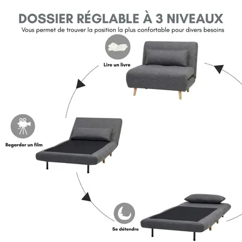 Fauteuil convertible IGLOO tissu gris foncé vue de profil