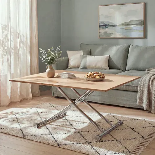 Table relevable 2 en 1 LILIAN Imitation chêne et chrome vue d'ambiance 1
