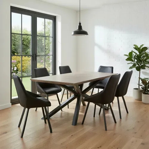 Table à manger L.180 cm ARYA imitation chêne gris et noir vue d'ambiance 1