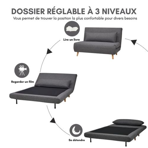 Canapé 2 places convertible IGLOO tissu gris vue de profil