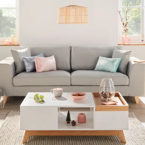 Table basse scandinave CLEO blanc/imitation chêne vue d'ambiance 1